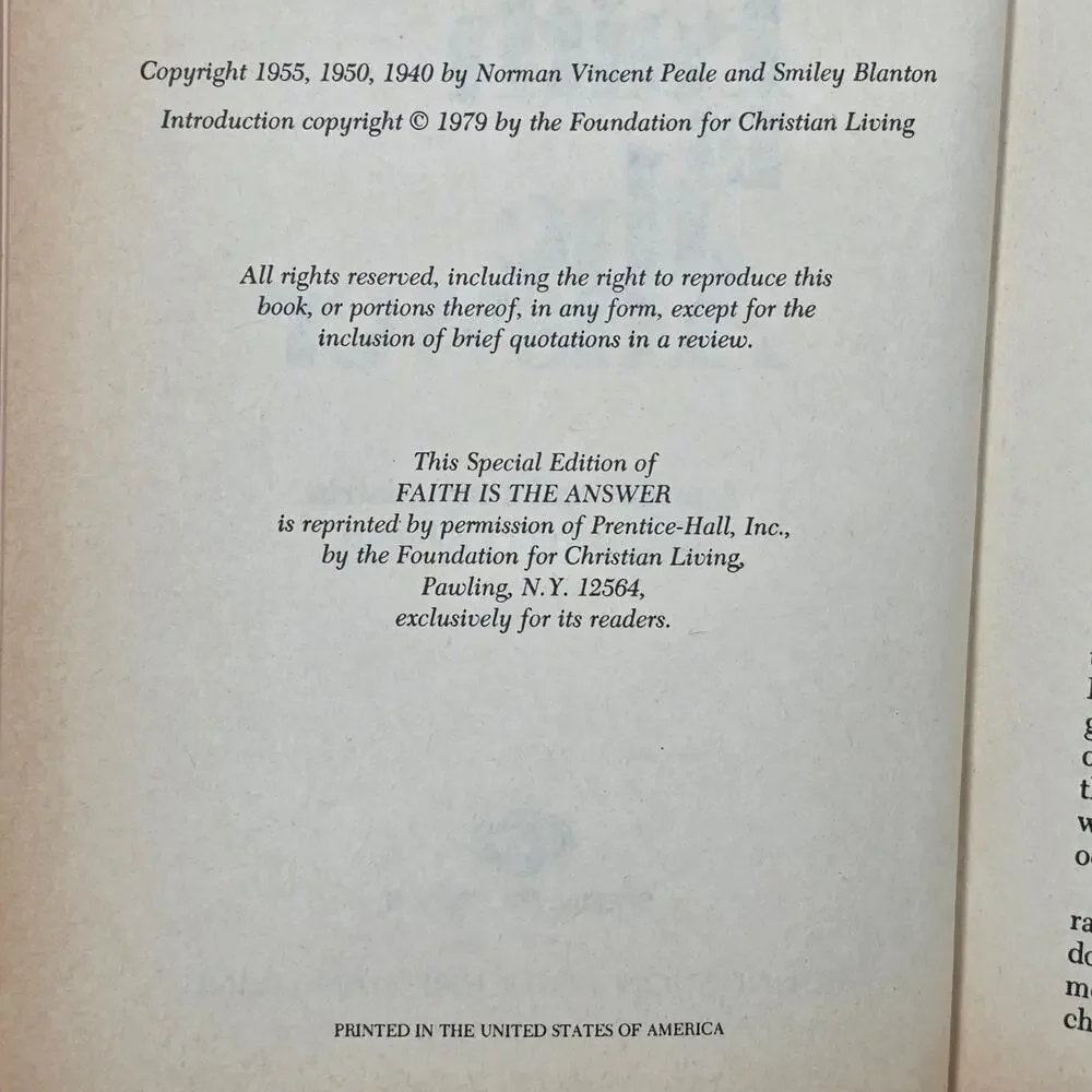 FAITH IS THE ANSWER BY PEALE & BLANTON VINTAGE CHRISTIAN LIVING HARDCOVER BOOK